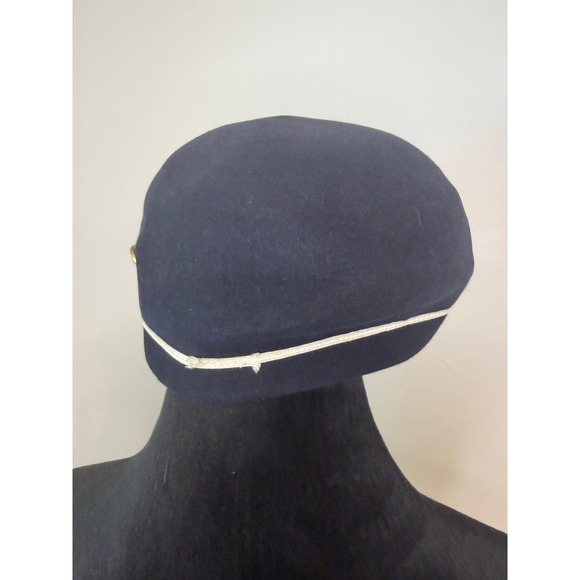Vintage Beresford Women\'s Blue Wool Military Style Pillbox Hat Gold Eagle Button
